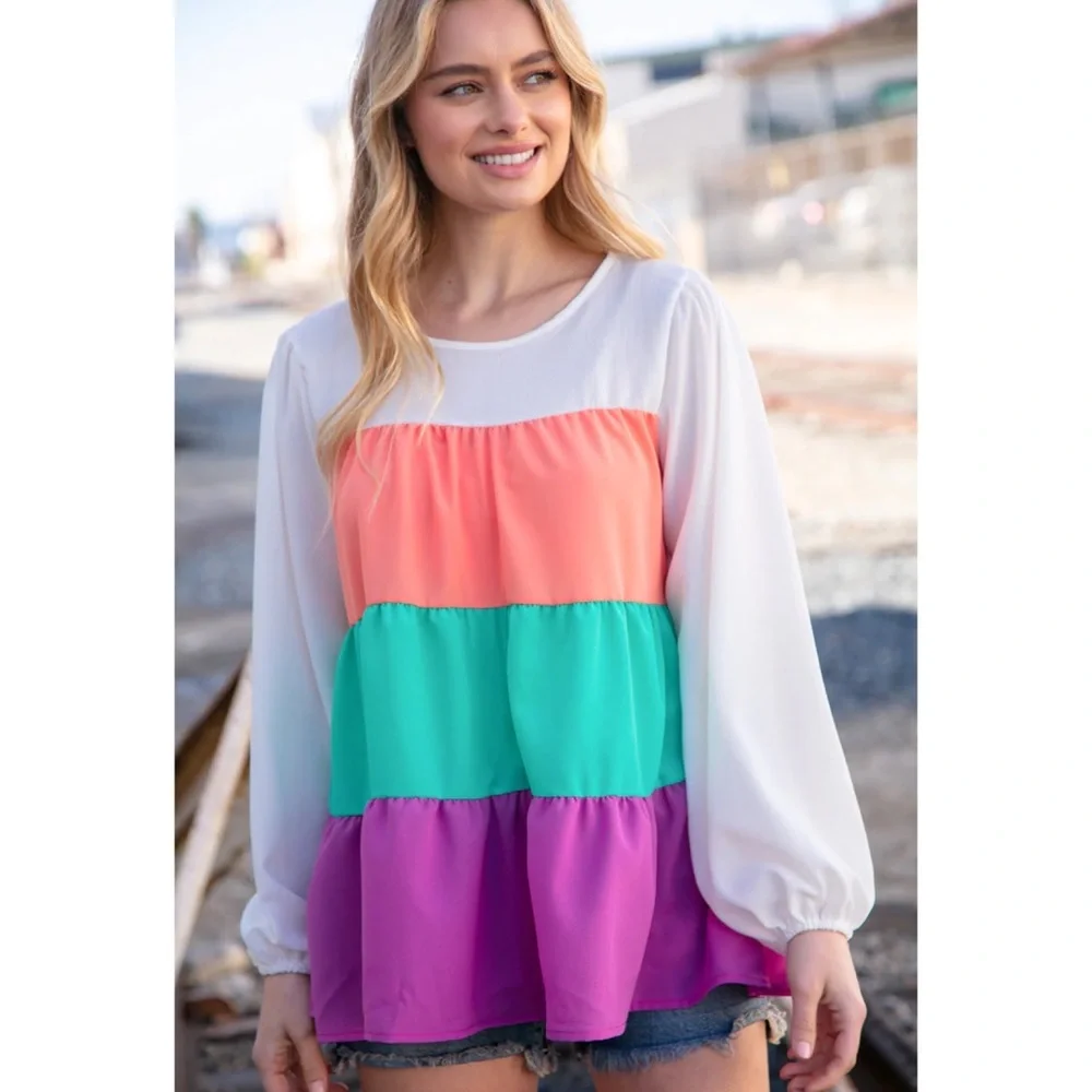 Purple Orange Teal Colorblock Tiered Ruffle Top Oversized Blouse S M L 1X 2X 3X - Picture 4 of 9